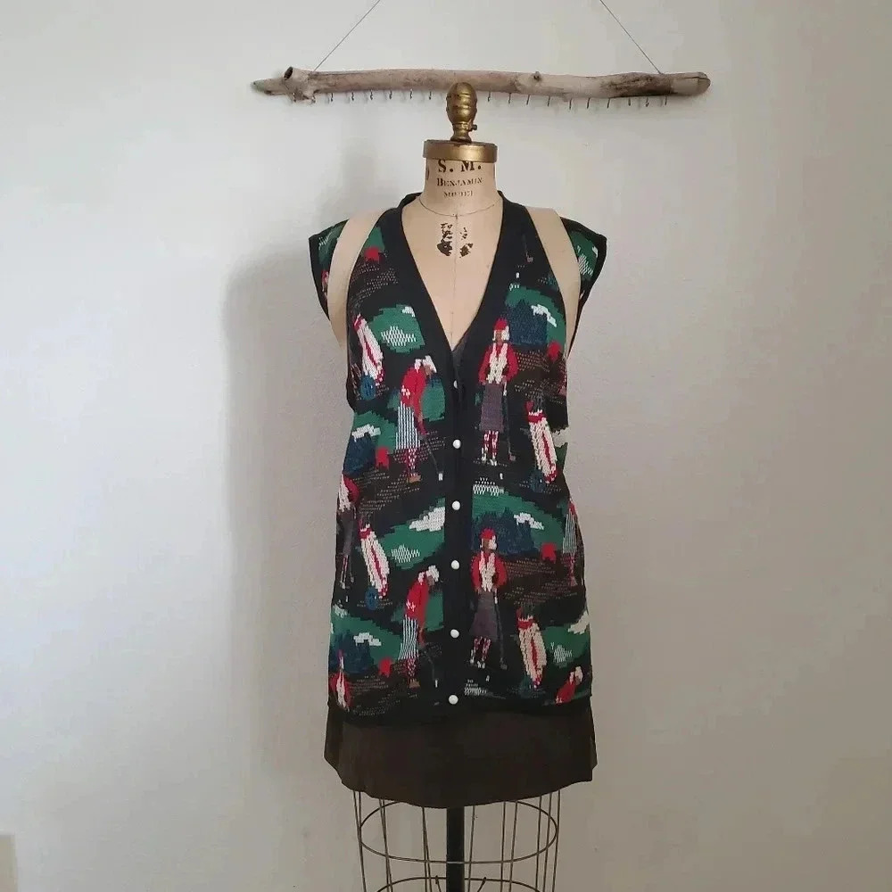 ⛳Vintage Golf Ball Buttons Lady Golfers Caddie Scenery Knit Woven Long RARE Vest